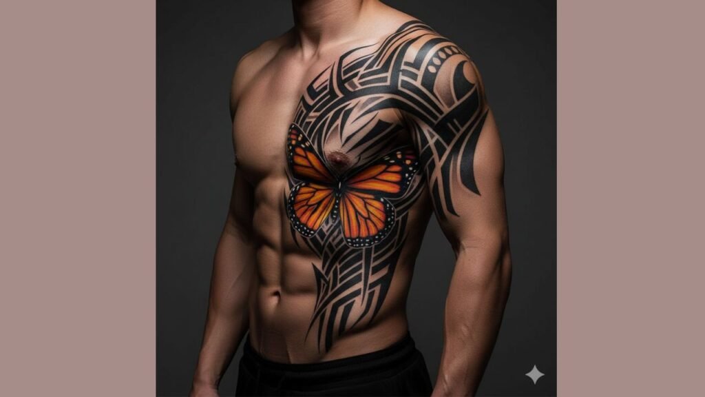 Butterfly tattoo along side ribs with flowing wings and soft shading