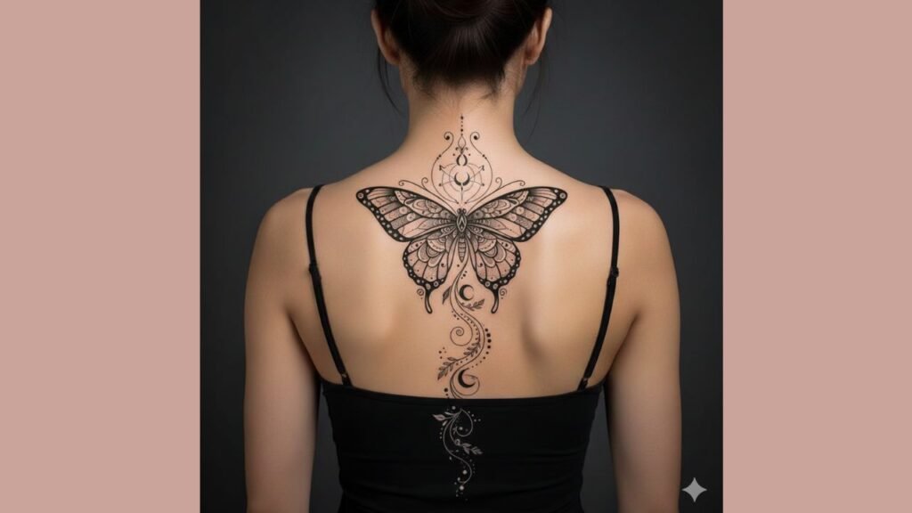 Butterfly tattoo along spine with detailed wings and vertical placement