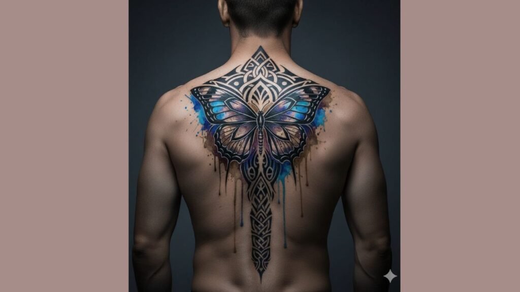 Butterfly tattoo along spine with vertical placement and detailed wings