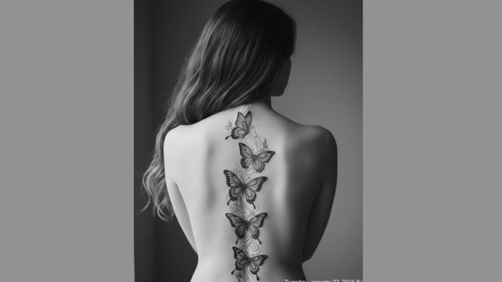 Butterfly spine tattoo for women featuring delicate butterflies arranged vertically along the center of the back