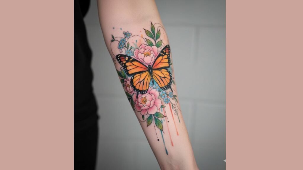Butterfly tattoo with wings blended with flowers and floral edge detailing