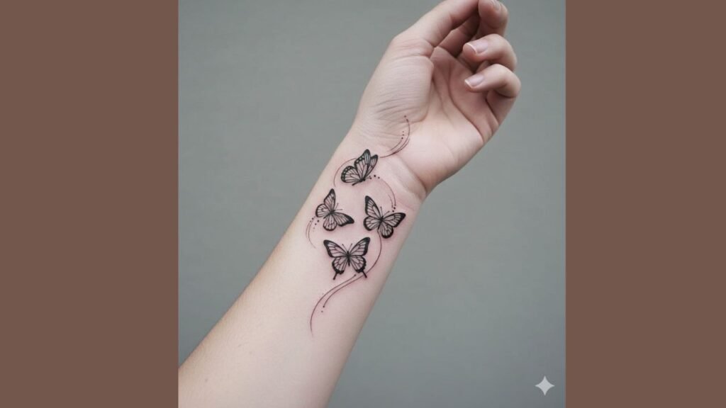 Butterfly tattoo on wrist with minimal outline and color accents