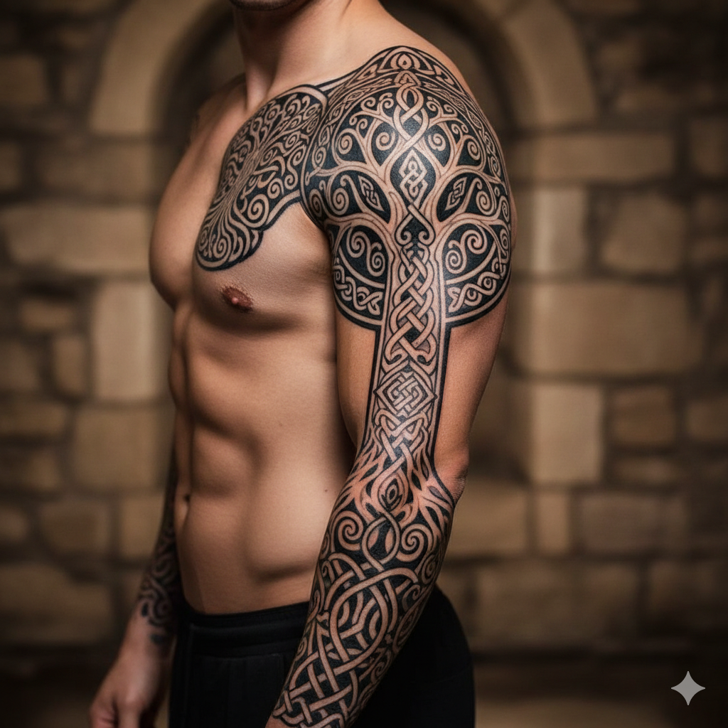 Celtic Tree of Life tattoo for men with intricate knot patterns and interwoven branches symbolizing eternity and strength.