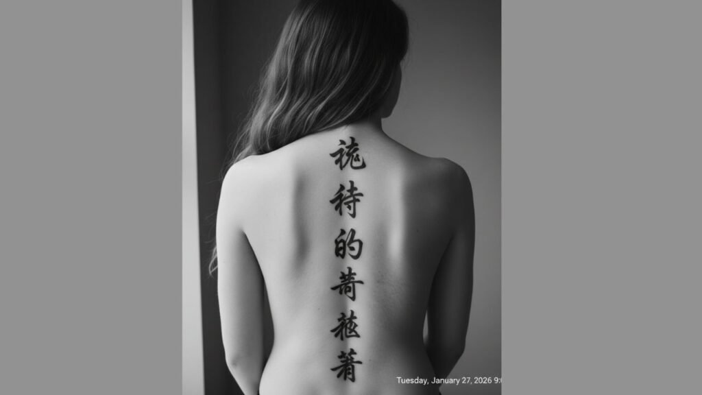 Chinese spine tattoo for women featuring vertical Chinese characters or symbols running along the spine