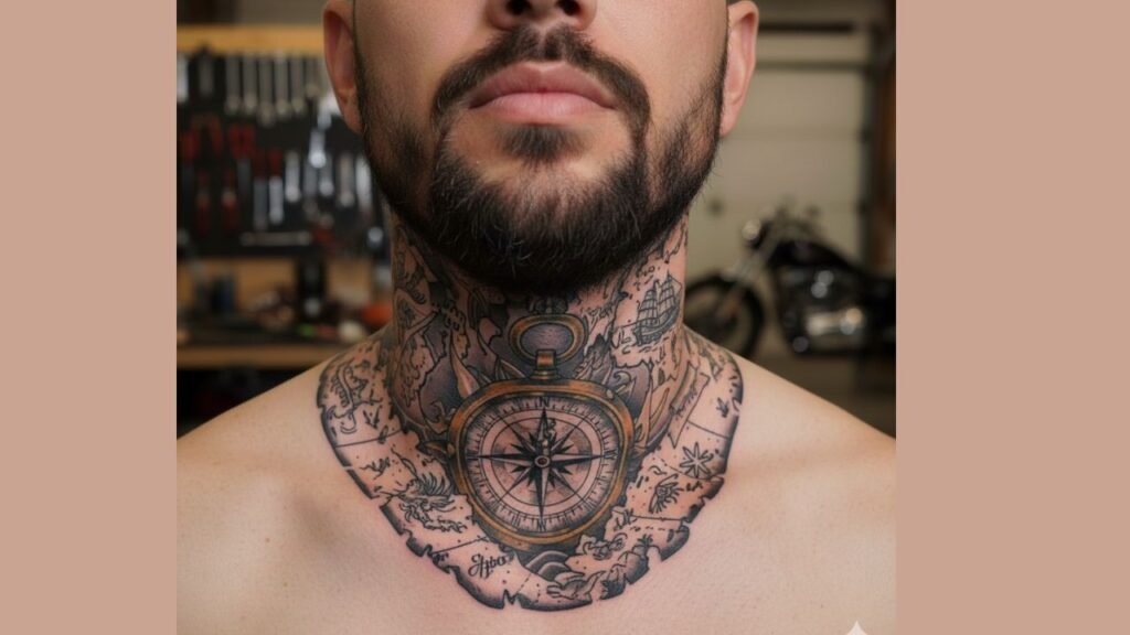 Compass and map neck tattoo symbolizing direction, adventure, and life’s journey for men.