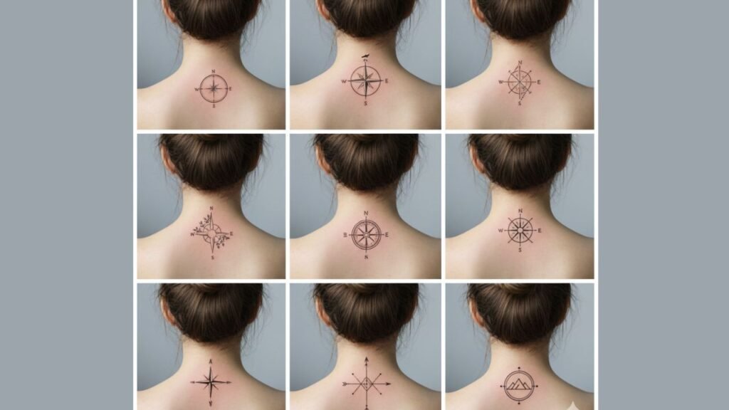 Compass neck tattoo for men featuring a detailed geometric design on the side neck, symbolizing direction, guidance, and life purpose.