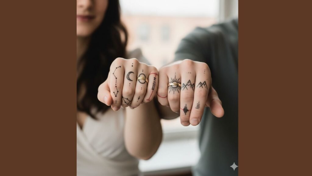 Matching couple finger tattoos featuring initials, hearts, or tiny symbols on ring fingers, symbolizing love and commitment.