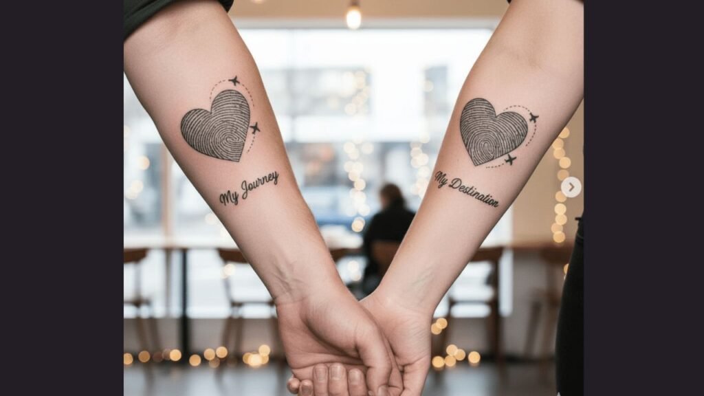 Matching heart tattoos on a couple’s wrists, symbolizing love, passion, and emotional connection.