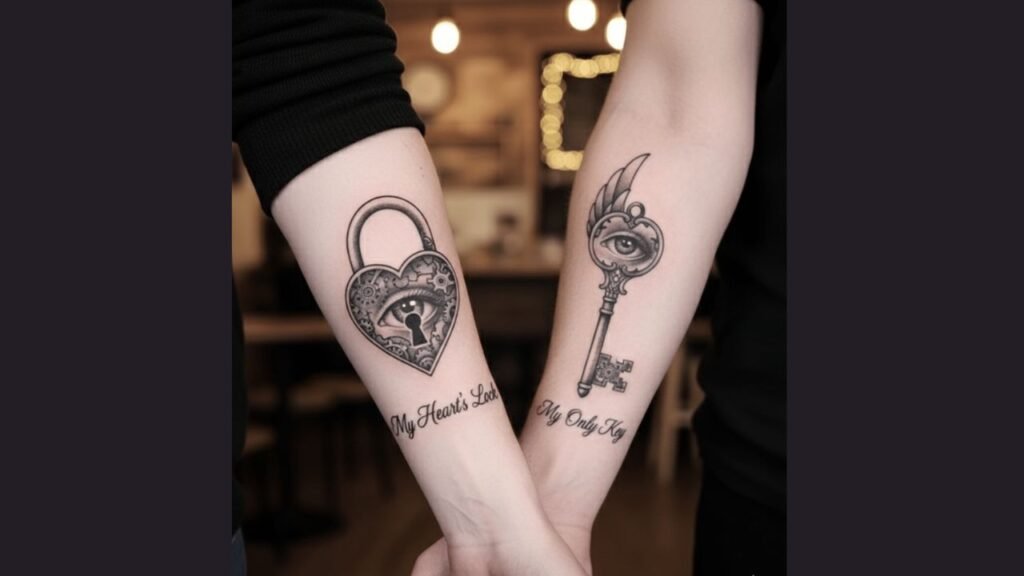 Matching couple tattoos showing a key on one partner and a lock on the other, symbolizing trust and emotional connection.