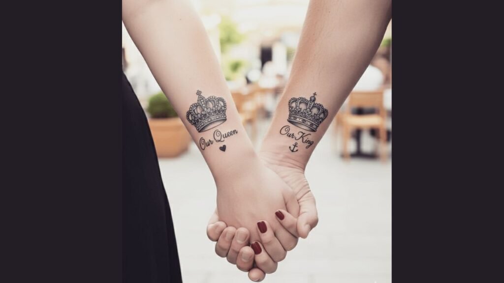A pair of minimalist matching tattoos on a couple’s wrists, symbolizing emotional connection and shared experiences.