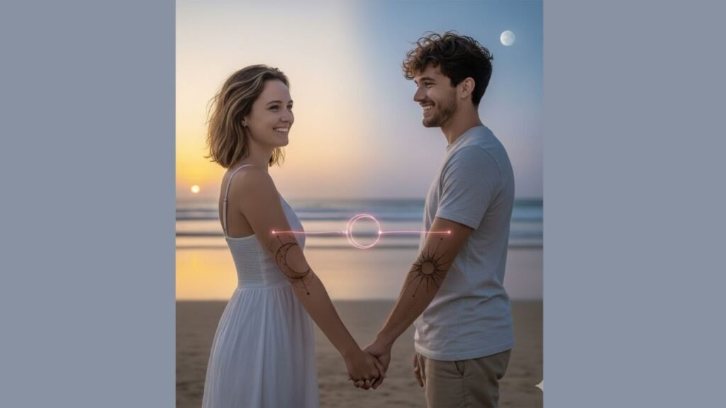 Couples sun and moon tattoos on forearms, shoulders, or ankles, symbolizing balance, harmony, and cosmic connection between partners.
