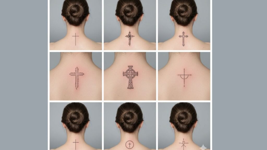 Cross neck tattoo for men featuring a clean, minimal cross design placed on the side neck, symbolizing faith, strength, and protection.