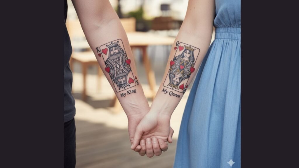 Adorable matching couple tattoos featuring tiny animals and hearts on wrists or hands, symbolizing fun and affection.