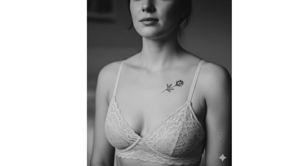 A dainty chest tattoo for women featuring a small floral design.