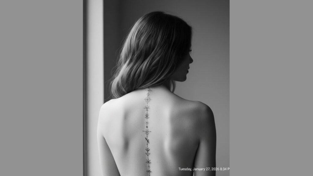 Delicate spine tattoo for women featuring fine lines and small minimalist symbols flowing along the spine