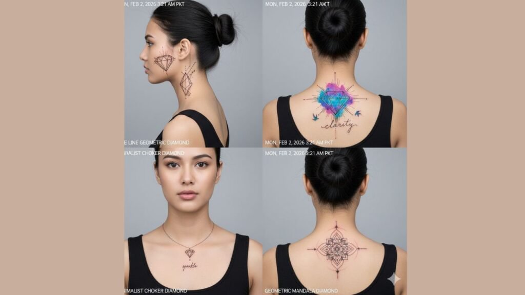 Diamond neck tattoo for women featuring a small or detailed diamond symbolizing strength, resilience, and elegance.