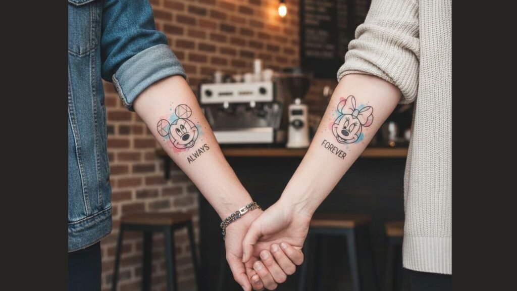 Disney couple tattoos of Mickey & Minnie on wrists