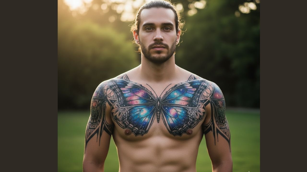 Double butterfly tattoo with mirrored design and overlapping wings