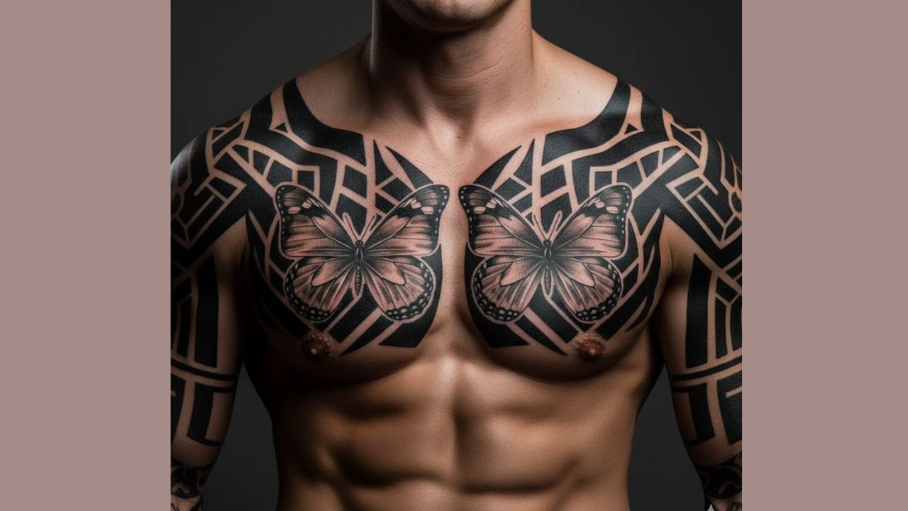 Two butterflies tattoo with mirrored design and overlapping wings