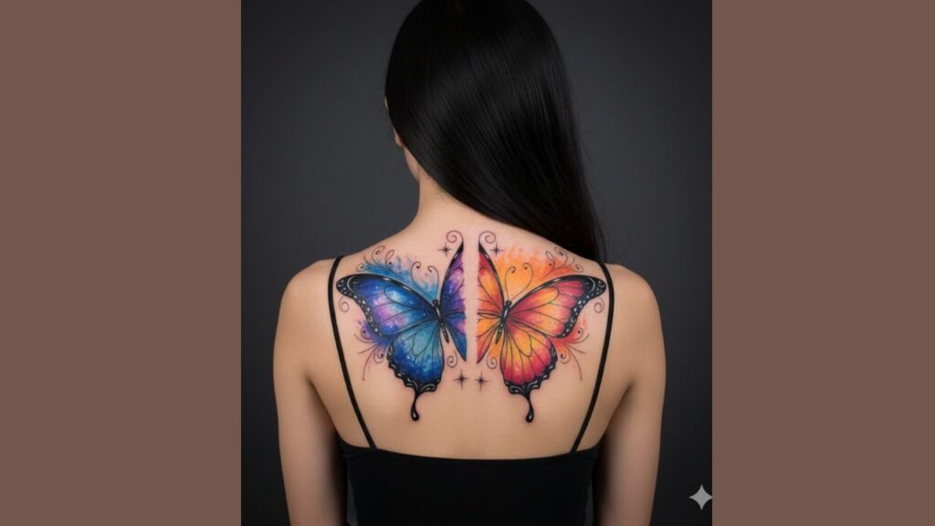 Double butterfly tattoo with mirrored design and overlapping wings
