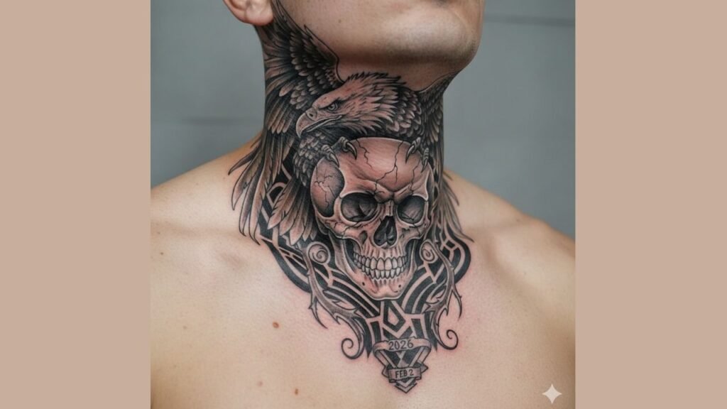 Eagle and skull neck tattoo design symbolizing strength, courage, and resilience in a bold masculine style.