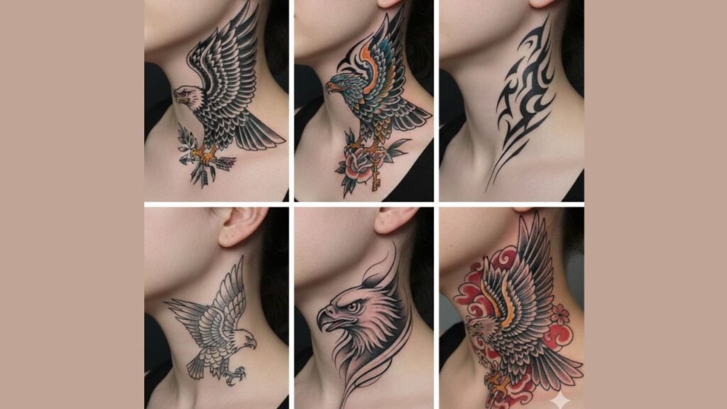 Eagle neck tattoo design symbolizing freedom, strength, and power with detailed flying eagle or bold eagle head artwork.