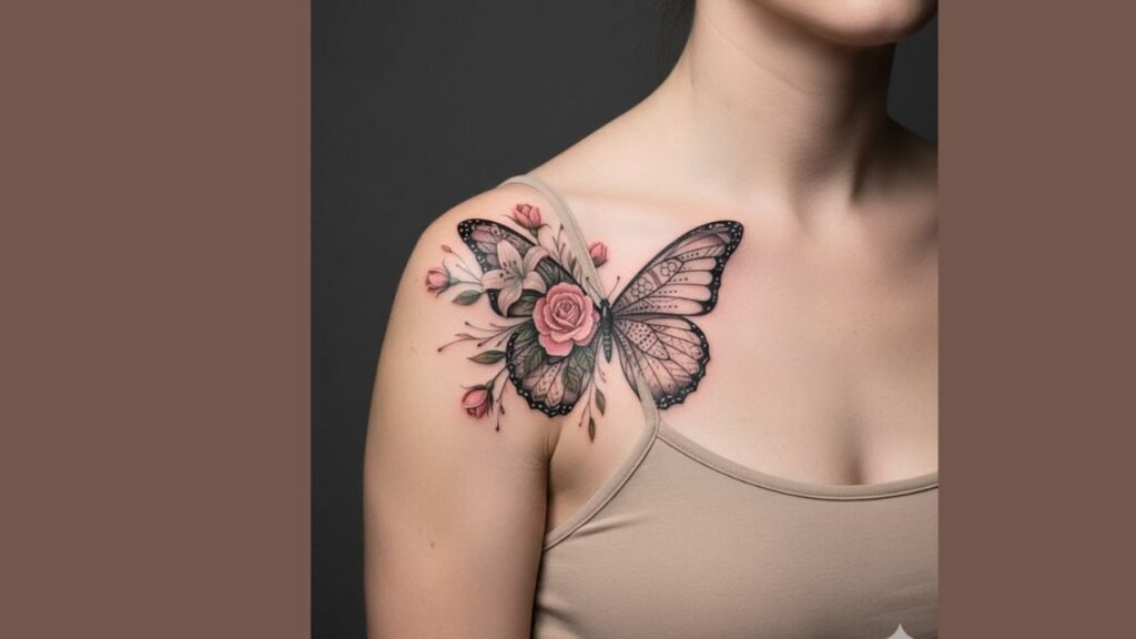 Floral butterfly tattoo with flowers inside wings and blooming wing edges