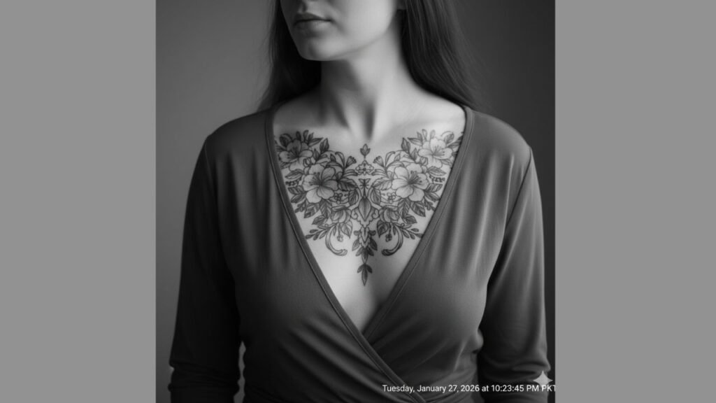 Floral chest tattoo for women featuring roses or lilies across the upper chest, highlighting natural curves
