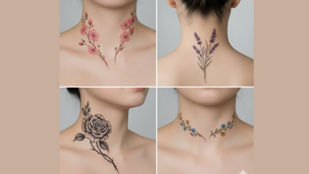 Floral neck tattoo for women featuring elegant flowers symbolizing beauty, growth, and femininity.