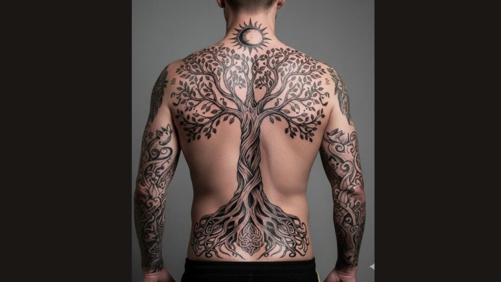 Full body Tree of Life tattoo covering torso, chest, and arms, symbolizing resilience, wisdom, and masculine strength