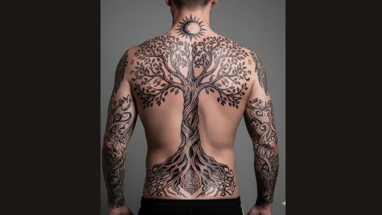 Full body Tree of Life tattoo covering torso, chest, and arms, symbolizing resilience, wisdom, and masculine strength