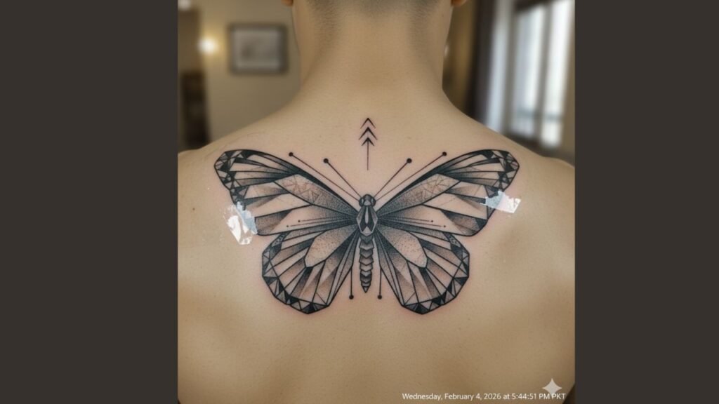 Geometric butterfly tattoo on male arm with polygon wings and negative space details