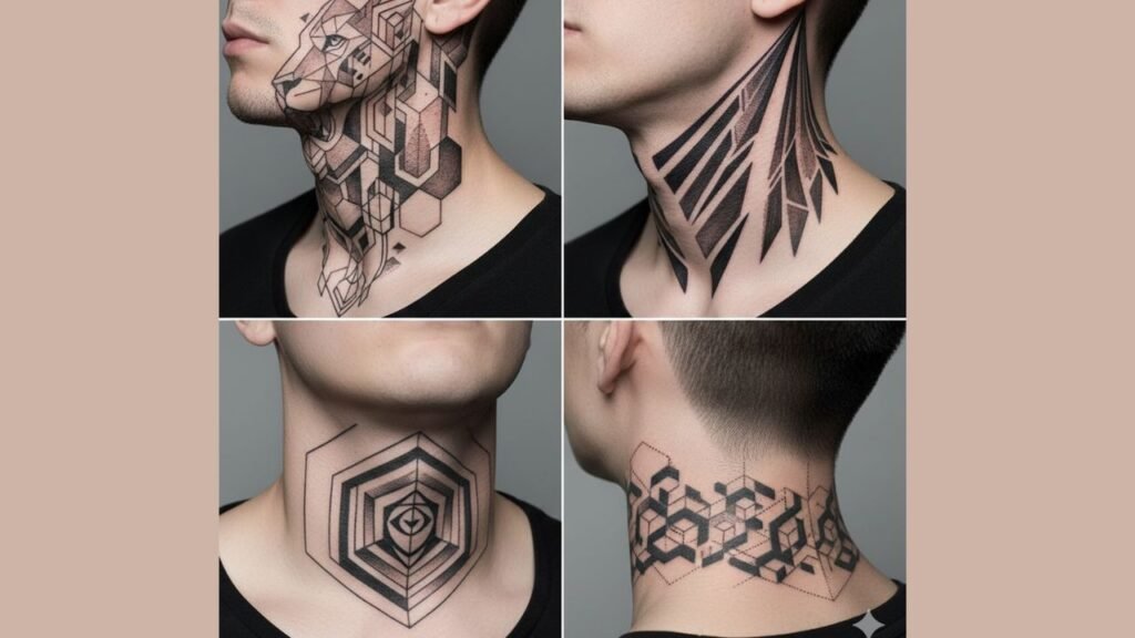 Geometric neck tattoo design with sharp lines and angular shapes symbolizing balance and strength for men