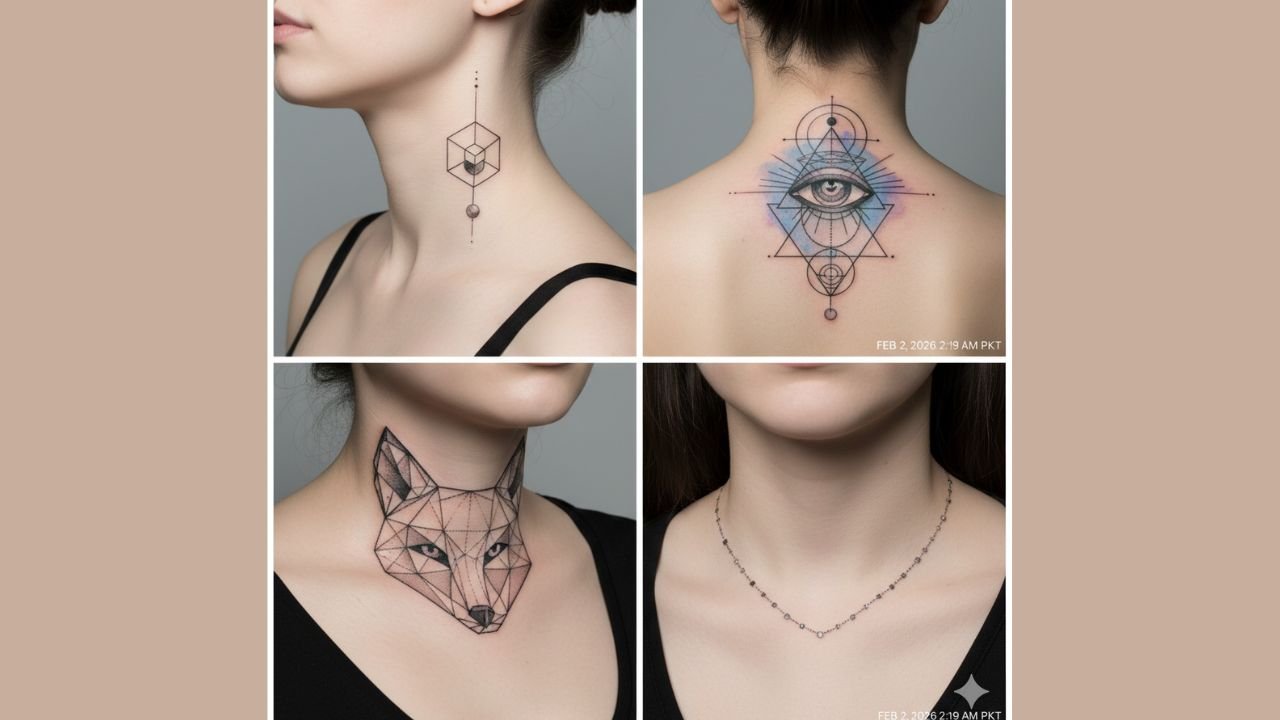 Geometric neck tattoo for women featuring triangles, diamonds, or abstract shapes representing balance, symmetry, and modern style.