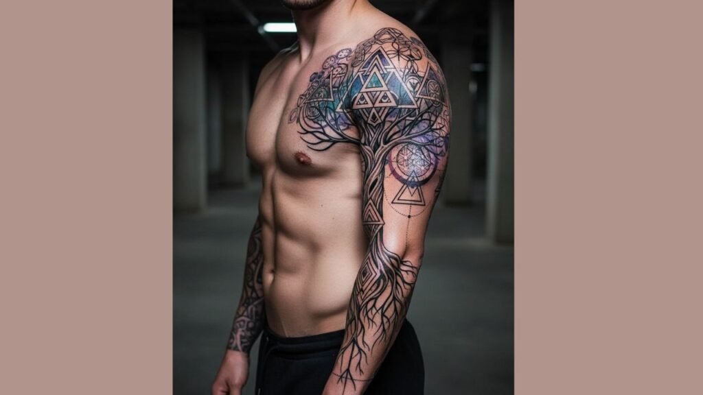 Geometric Tree of Life tattoo for men with sharp linework and circular sacred geometry symbols representing balance and harmony.