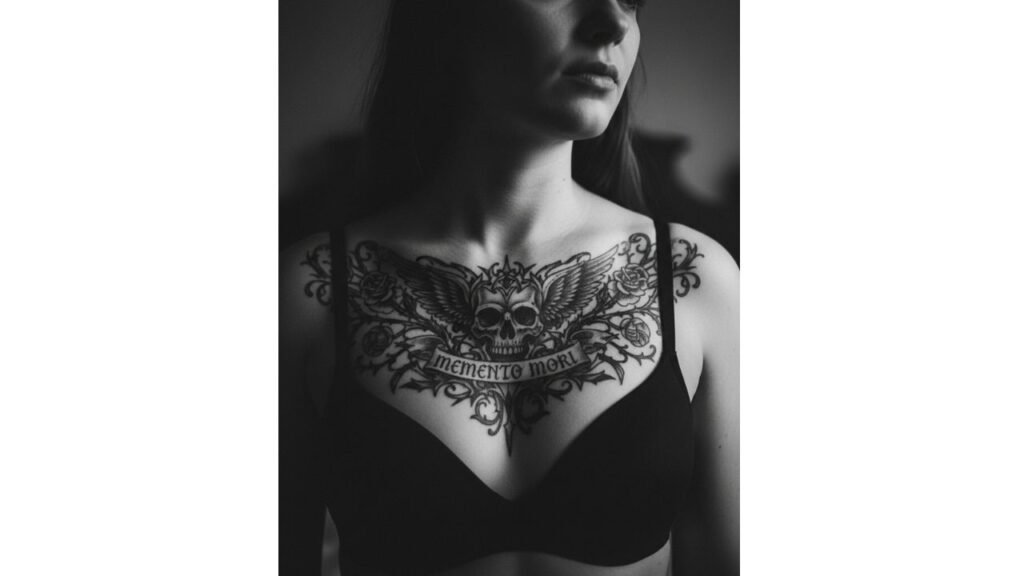 A gothic chest tattoo for women featuring dark floral patterns and skull elements.