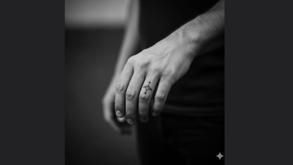 Small hand tattoo for men featuring a minimalist symbol, cross, or initial on the finger or side of the hand.