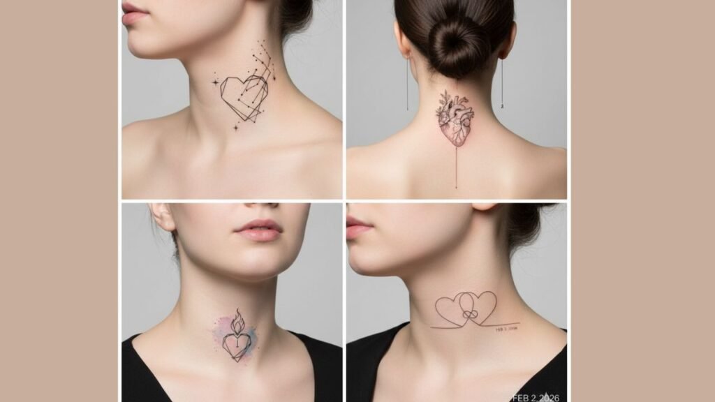 Heart neck tattoo for women featuring a small, minimalist heart symbolizing love and emotional connection.