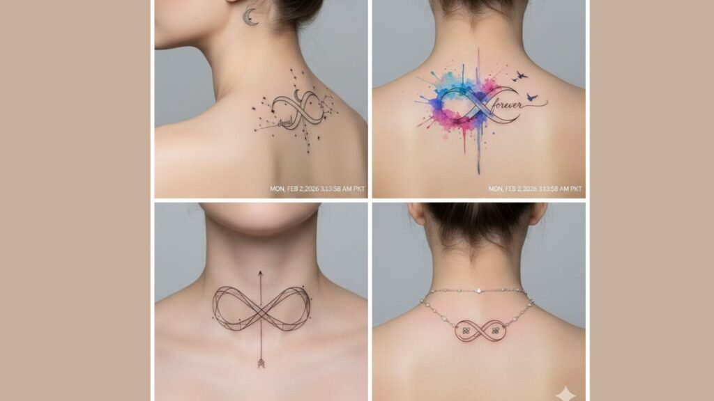 Infinity symbol neck tattoo for women featuring a minimalist design representing eternity, love, and personal empowerment.