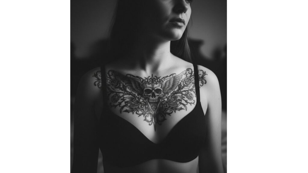 A lower chest tattoo for women featuring a floral mandala design along the rib line.