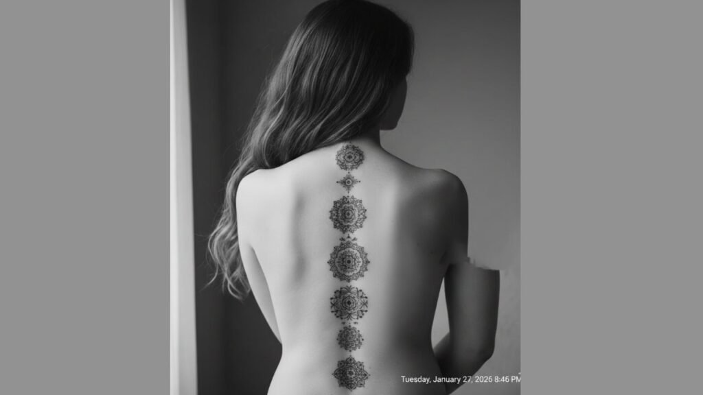 Mandala spine tattoo for women featuring an intricate vertical mandala design centered along the back
