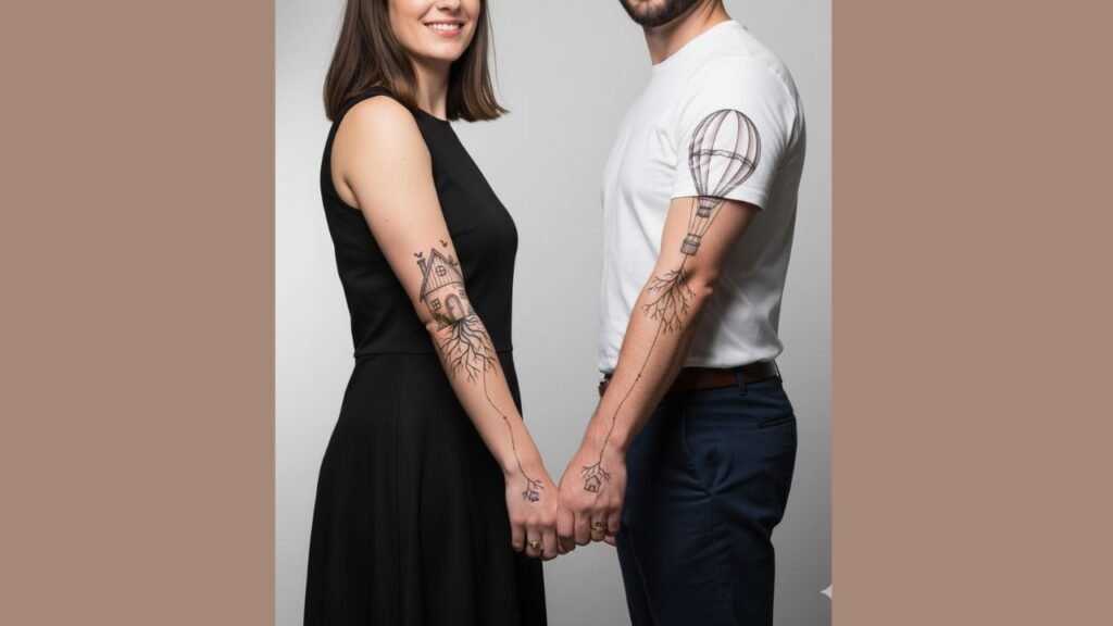 Married couple tattoos featuring ring or band designs on fingers, symbolizing commitment, unity, and lifelong partnership.