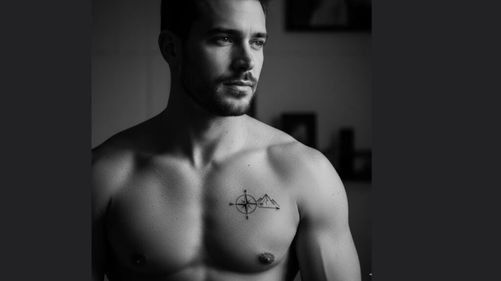 Small chest tattoo for men featuring a minimalist symbol or initials placed near the heart or upper chest.