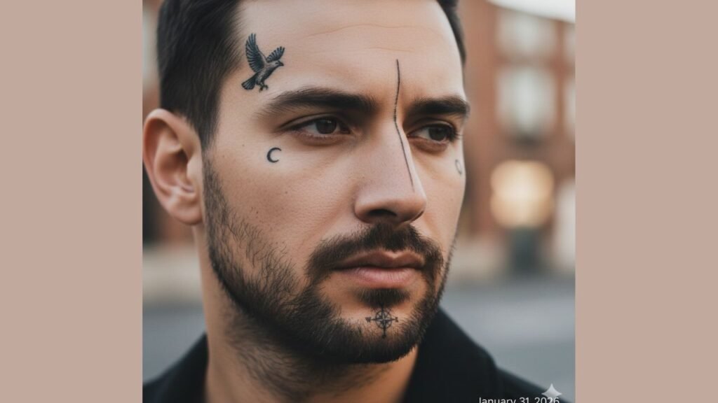 Men’s small face tattoos featuring minimalist symbols and fine-line designs for a bold modern look.