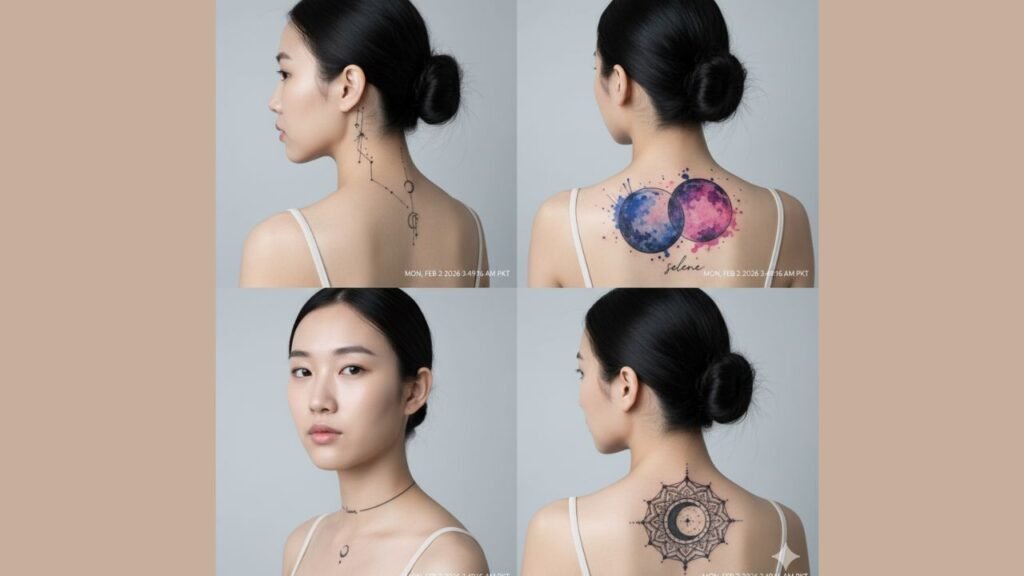 Moon neck tattoo for women featuring crescent or full moon designs symbolizing femininity, intuition, and inner wisdom.