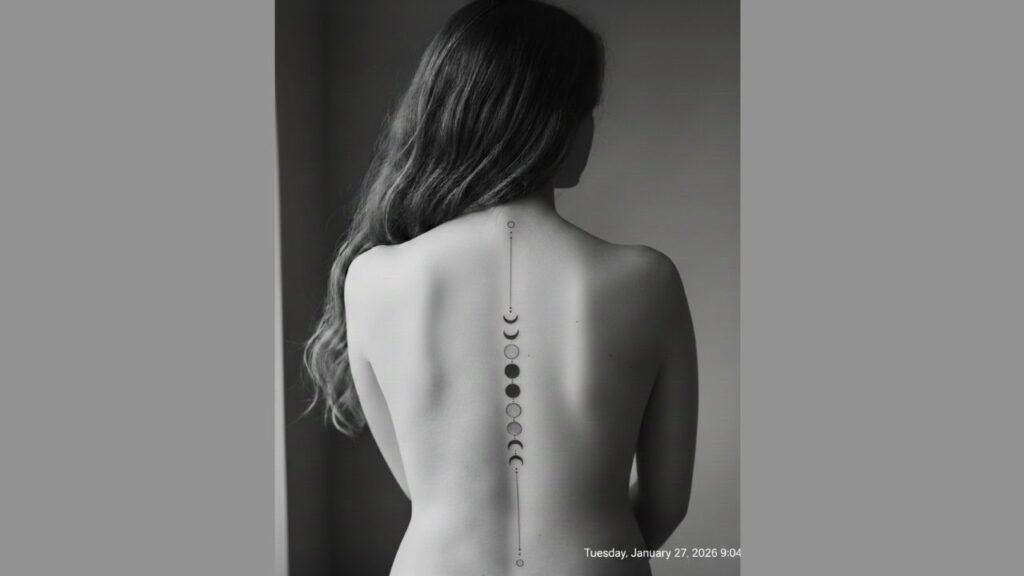 Moon spine tattoo for women featuring crescent and full moon phases arranged vertically along the spine