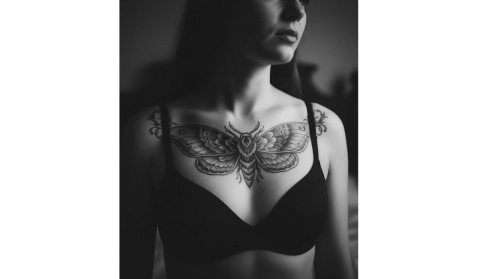 A delicate moth chest tattoo for women with intricate wing details.