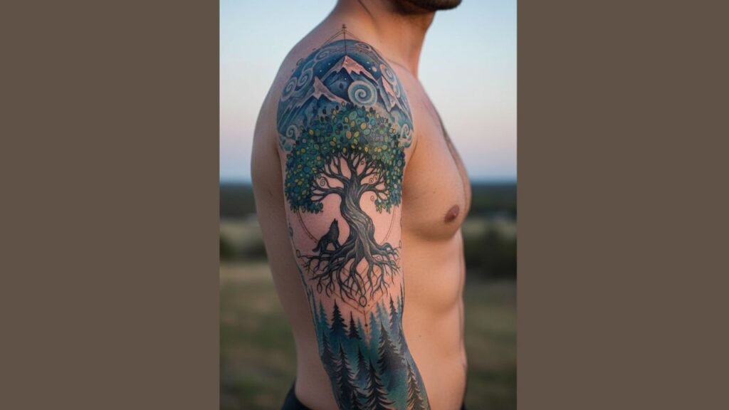 Full sleeve tattoo featuring mountains and a Tree of Life, symbolizing strength, endurance, personal growth, and resilience