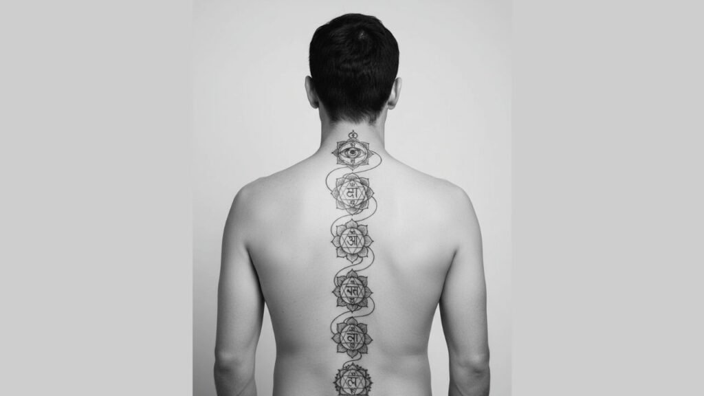 Chakra spine tattoo for men with vertical chakra symbols aligned along the center of the back