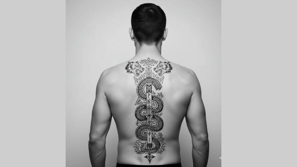 Viking spine tattoo for men featuring Norse runes and warrior symbols running along the spine
